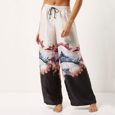 Cream oriental print palazzo pyjama trousers